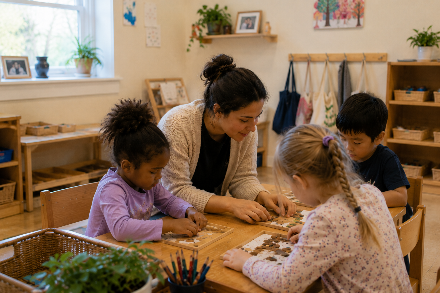 Teacher working with preschool children at a classroom table